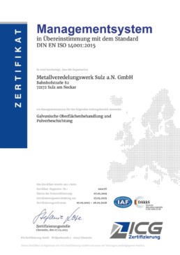 Metallveredelungswerk Sulz Zertifikat ISO 14001:2015