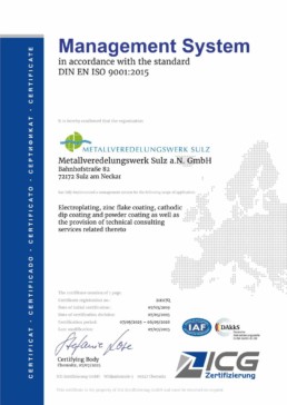 Metallveredelungswerk Sulz Zertifikat ISO 9001