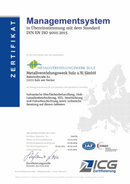 Metallveredelungswerk Sulz Zertifikat ISO 9001